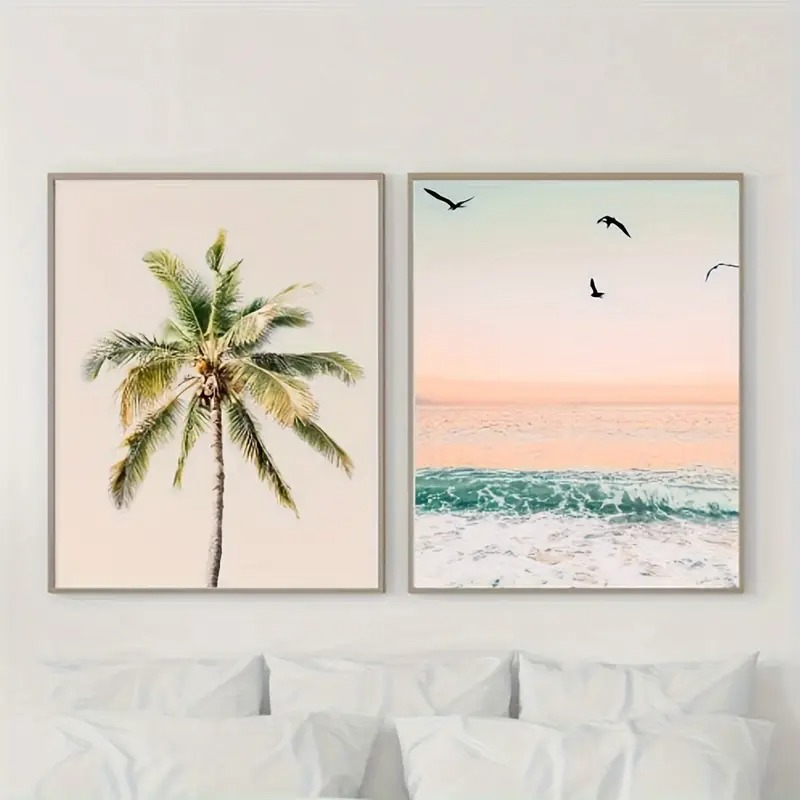 Home Fragrance Ocean Breeze - Tropischer Pastell-Strand-Leinwanddruck, Küstenpalmen, Ozeanwellen, Wandkunst, Poster
