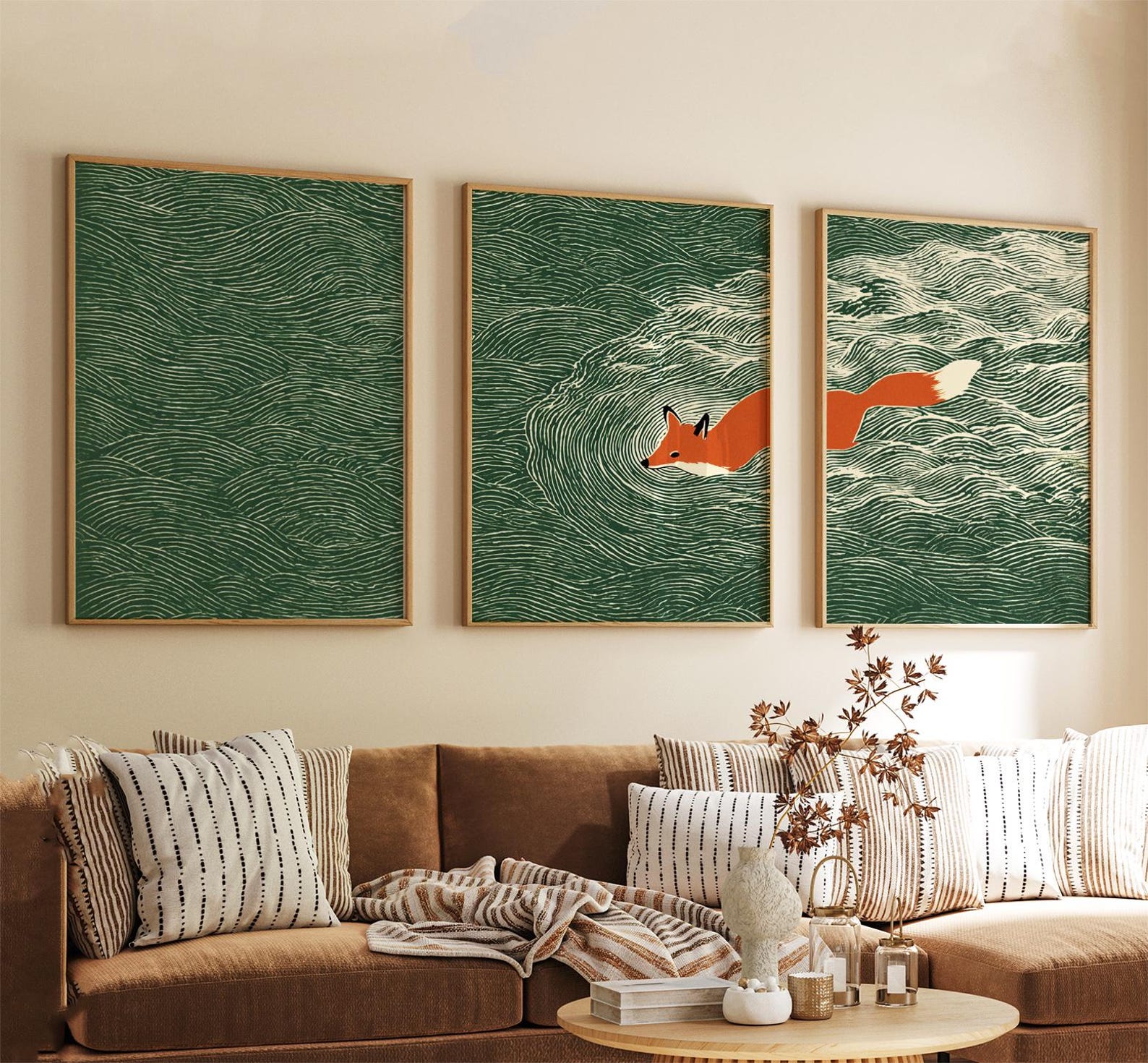 Home Fragrance Ocean Breeze - 3-teiliges Set japanischer Retro-Wandkunstdrucke mit Fuchs